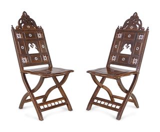 A Pair of Moorish Style Mother-of-Pearl Inlaid Walnut Folding Chairs