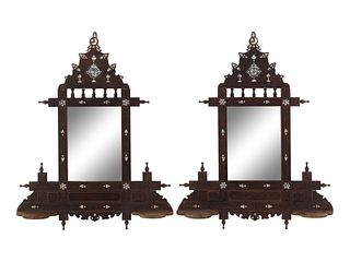 A Pair of Syrian Mother-of-Pearl Inlaid Walnut Mirrored Lantern Shelves