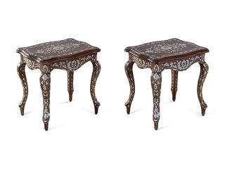 A Pair of Syrian Mother-of-Pearl and Metal Inlaid Walnut Side Tables