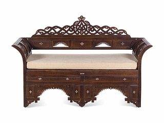 A Syrian Carved and Mother-of-Pearl Inlaid Walnut Settee