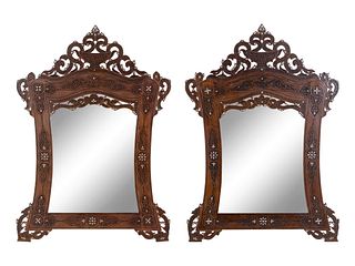 A Pair of Syrian Mother-of-Pearl Inlaid Walnut Mirrors