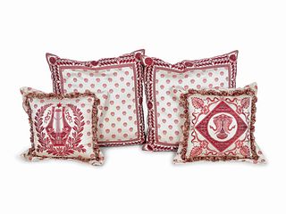 Four Red and White Figural Silk Pillows