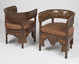 A pair of Syrian parquetry barrel chairs