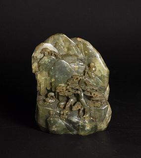Chinese Spinach Jade Boulder with Landscape, 18th Century