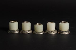 Group of 5 Chinese White Jade Archer's Rings, 19th Century