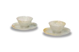 Pair of Chinese Jadeite Cups with Saucers, 19th Century