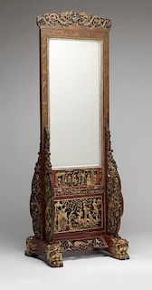 A Chinese carved and polychrome wood floor mirror