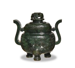 Chinese Spinach Jade Covered Censer, Early 19th Century
