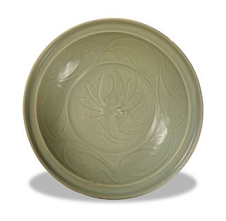 Chinese Longquan Celadon Plate with Flowers, Yuan