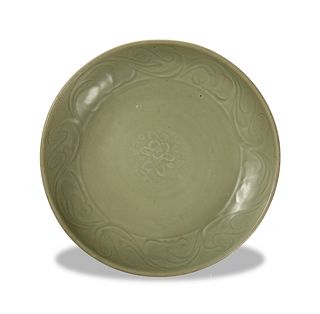 Chinese Longquan Celadon Plate with Flowers, Yuan