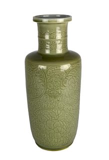 Chinese Carved Celadon Rouleau Vase, Kangxi Period
