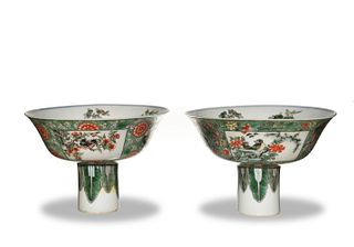 Pair of Chinese Wucai Stem Cups, Possibly Kangxi