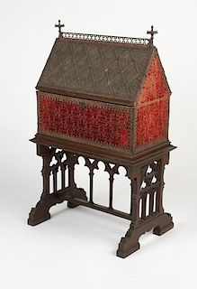 A metal-clad Gothic architectural vestment chest