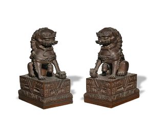 Pair of Chinese Bronze Guardian Lions, 19th Century