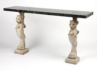A carved white and black marble console table