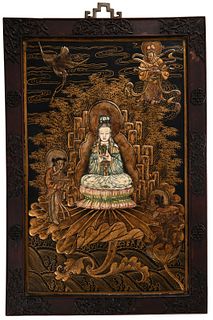 Chinese Lacquer Panel with Guanyin, 19th Century