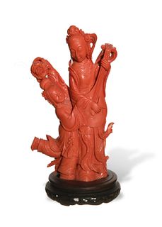 Chinese Coral Carving of a Lady, 19th Century