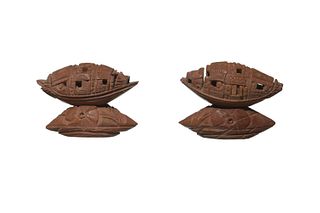 Two Chinese Carved Olive Pit Boats with Stands, 19th Century