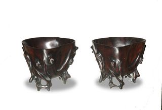 Pair of Chinese Huanghuali Cups, 19th Century
