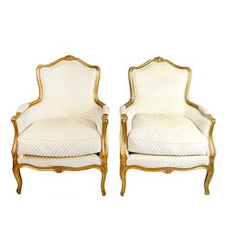 Louis XVI Style Gilt Carved Bergere Chairs