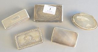 Five silver snuff or tobacco boxes having hinged covers to include one marked Charles Knapp from William De Ford, largest lg. 3 3/4", gold wash interi