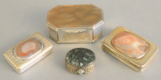 Four silver boxes mounted with stone covers, snuff boxes, small pill box with stone bottom, largest lg. 3 1/2", 10.2 t.oz.