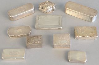 Ten small silver boxes to include snuff, pill and tobacco boxes some having hinged tops, Dutch incised landscape scene, figures, etc., 13.2 t.oz.