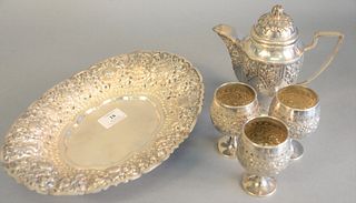 Five Djokja silver pieces to include a teapot, ht. 7" marked TOM 800, a set of three stemmed cups and a large oval tray marked AD 800, all Indonesian 