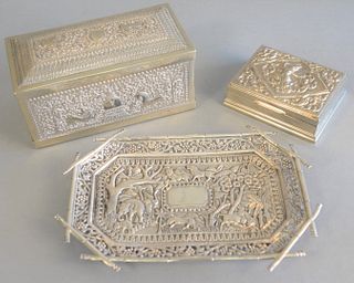 Group of three Indian silver pieces to include silver box, ht. 3 1/2", lg. 8", with cover having scrolling vine and animal decoration and tome top, mi