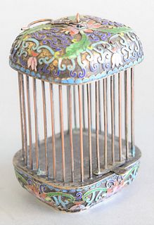 Chinese enamelled miniature birdcage with pull up door, ht. 4 1/2", top 3" x 3".