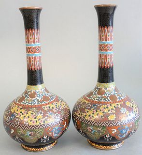 Pair of Chinese cloisonne bottle vases having phoenix bird and dragon panels, ht. 10".