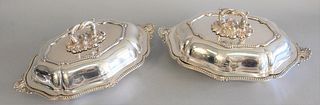 Pair Sheffield silver plated covered vegetable dishes with coat of arms, ht. 5", lg. 14".