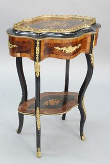 French style stand, marquetry inlaid with inset tray top, ht. 33 1/2", top 13 1/2" x 24".