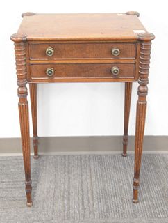 Sheraton mahogany two drawer stand with turret corners, ht. 28", top 15" x 19".