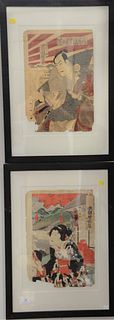 Four Japanese colored woodblock prints to include Kunisada Toyokuni diptych, chapter 8, Hanonoem of the Tale of a Goyi; Toyohara Chikanobu (1838 - 191