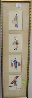 Set of 10 Chinese figural paintings in 3 frames, all on tissue paper depicting Chinese figures completing various tasks, 19th C., unsigned, each panel