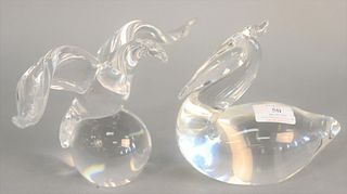 Two Steuben glass birds, eagle on globe, ht. 6" and a pelican figure, ht. 6".