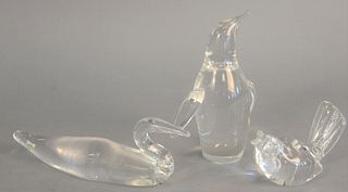 Three Steuben crystal figures to include songbird, lg. 5", loon, ht. 9" and penguin, ht. 6".