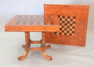 Contemporary game table set on pedestal base having backgammon and checkerboard top.