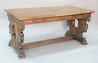 Walnut writing table having winged griffin supports, ht. 33", top 28" x 63".