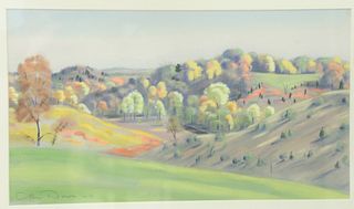 Olin Dows (1904 - 1981) watercolor and gouache on paper, fall Hudson River landscape, signed lower left Olin Dows 40, 10 1/4" x 18 1/2".