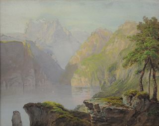 Luc-Henry Mottu (1815 - 1859), gouache on paper, mountainous landscape with lake, signed lower right H. Mottu, 8" x 10 1/4".