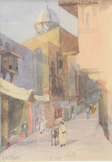 Katherine Myrhilla Cohen (1859 - 1914) watercolor on paper, orientalist street scene, signed lower left KM Cohen, sight size: 7" x 5".