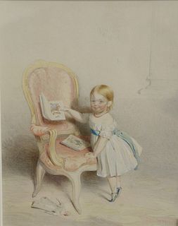 William Booth watercolor and pencil on paper, young girl in Victorian dress holding alphabet book, signed lower right Wm Booth, sight size: 8 1/2" x 6