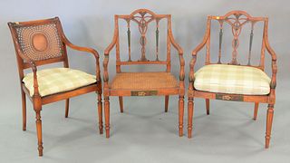 Pair Sheraton-style arm chairs, paint decorated with caned seats, ht. 37", wd. wd. 24", along with Adams style chair.