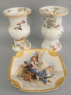 Three piece lot to include a pair of vases, ht. 13 1/4" and hand painted serving plate, 14 1/2" x 14 1/2".