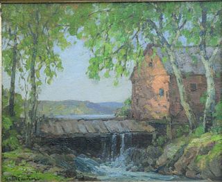 Walter Hartson (1866 - 1946), oil on masonite, "Ancient Mill" landscape, Wassaic, NY, signed lower left Walter C. Hartson, 18 1/2" x 22 1/2".
