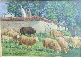 Albin Tippmann (1871 - ), oil on canvas, grazing sheep landscape, signed LL Albin Tippmann 27', 15 1/2" x 21 1/2".