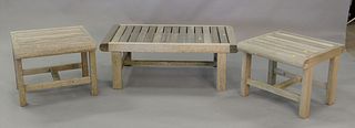 Three piece Kingsley Bate outdoor teak lot to include a coffee table, ht. 15", top 23" x 41" along with two side tables.