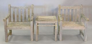 Three piece Lister outdoor teak lot to include 2 armchairs along with a side table, ht. 21", top 21" x 21".